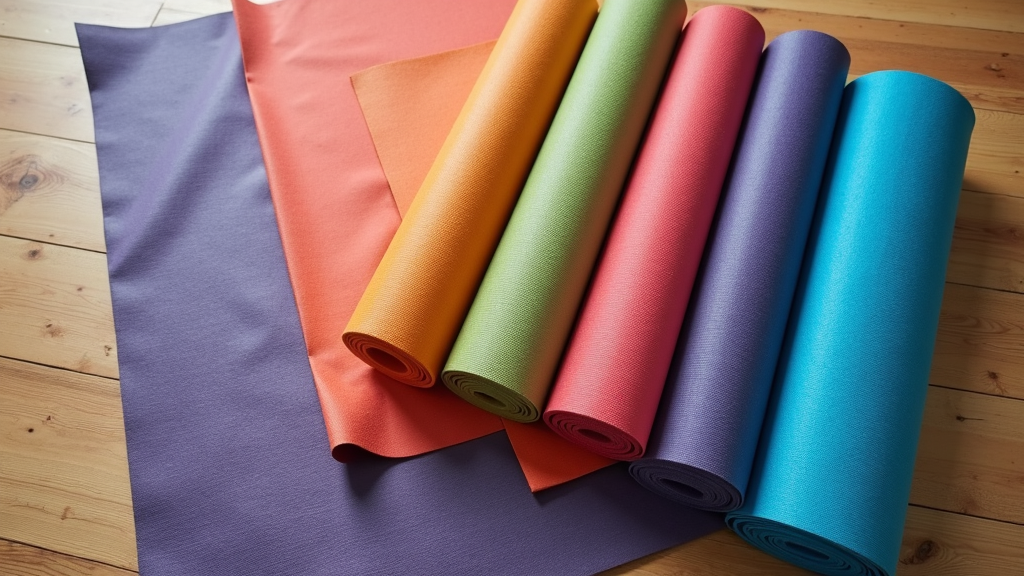 A colorful array of premium yoga mats neatly rolled up on a natural background.