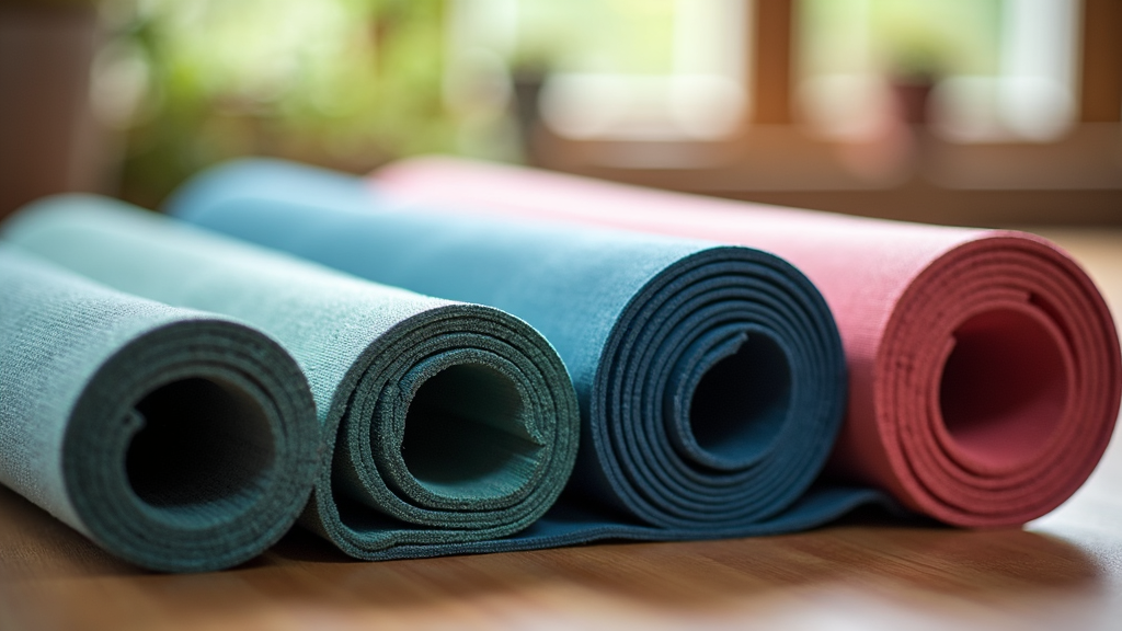 Yoga mats stacked in a studio, showcasing different thicknesses and vibrant colors.